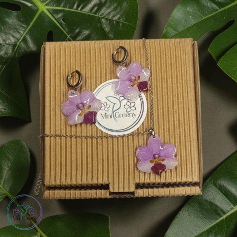 Komplet biżuterii z naturalnymi storczykami w żywicy