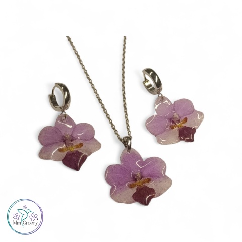 Komplet biżuterii z naturalnymi storczykami w żywicy