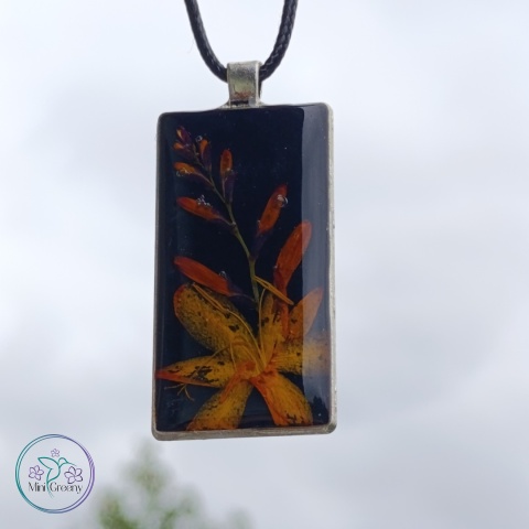 Prostokątny wisior z kwiatami krokosmi 'carmine brilliant'